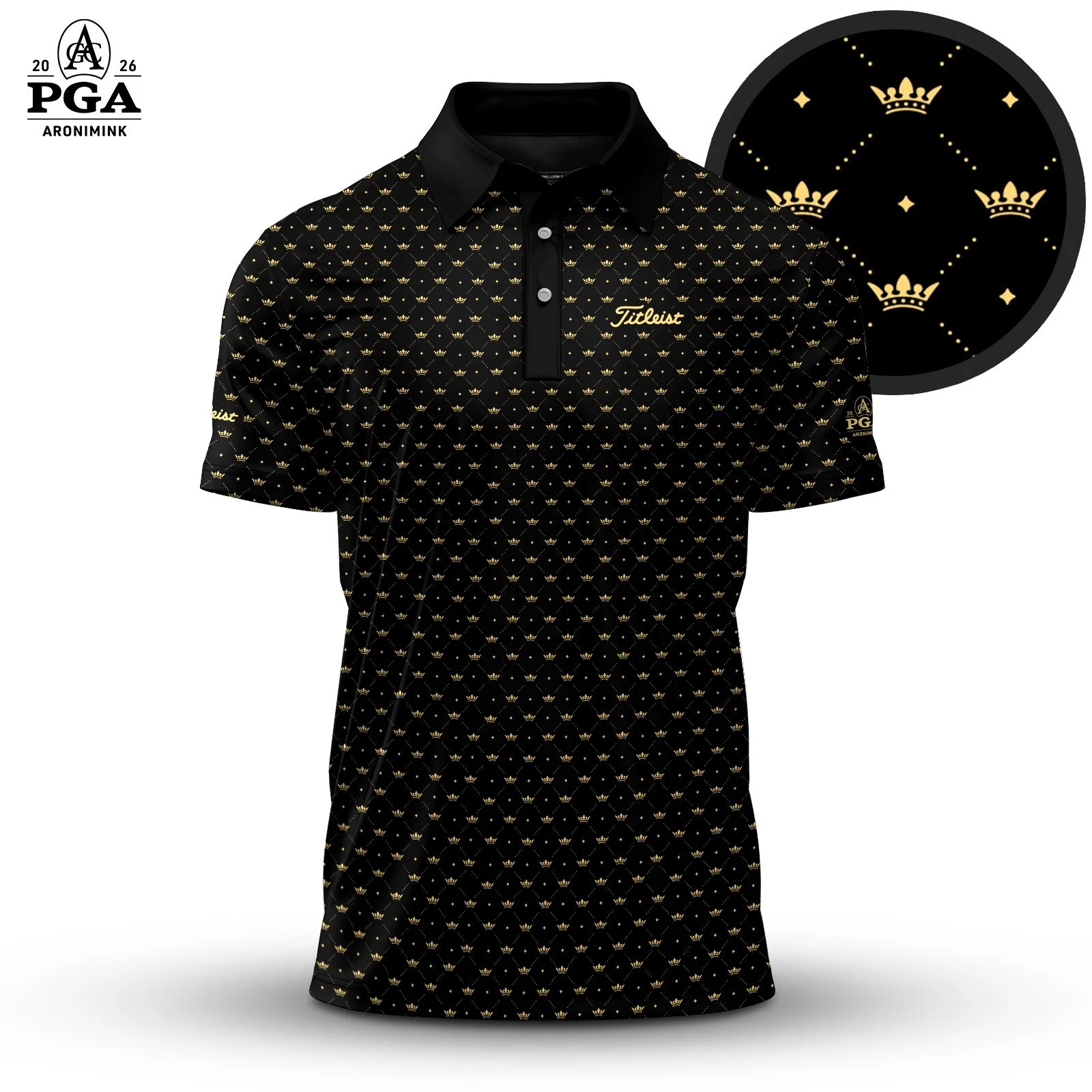 Golf 2026 PGA. Black King Crown Pattern AOP Polo Shirt LDLO31032609