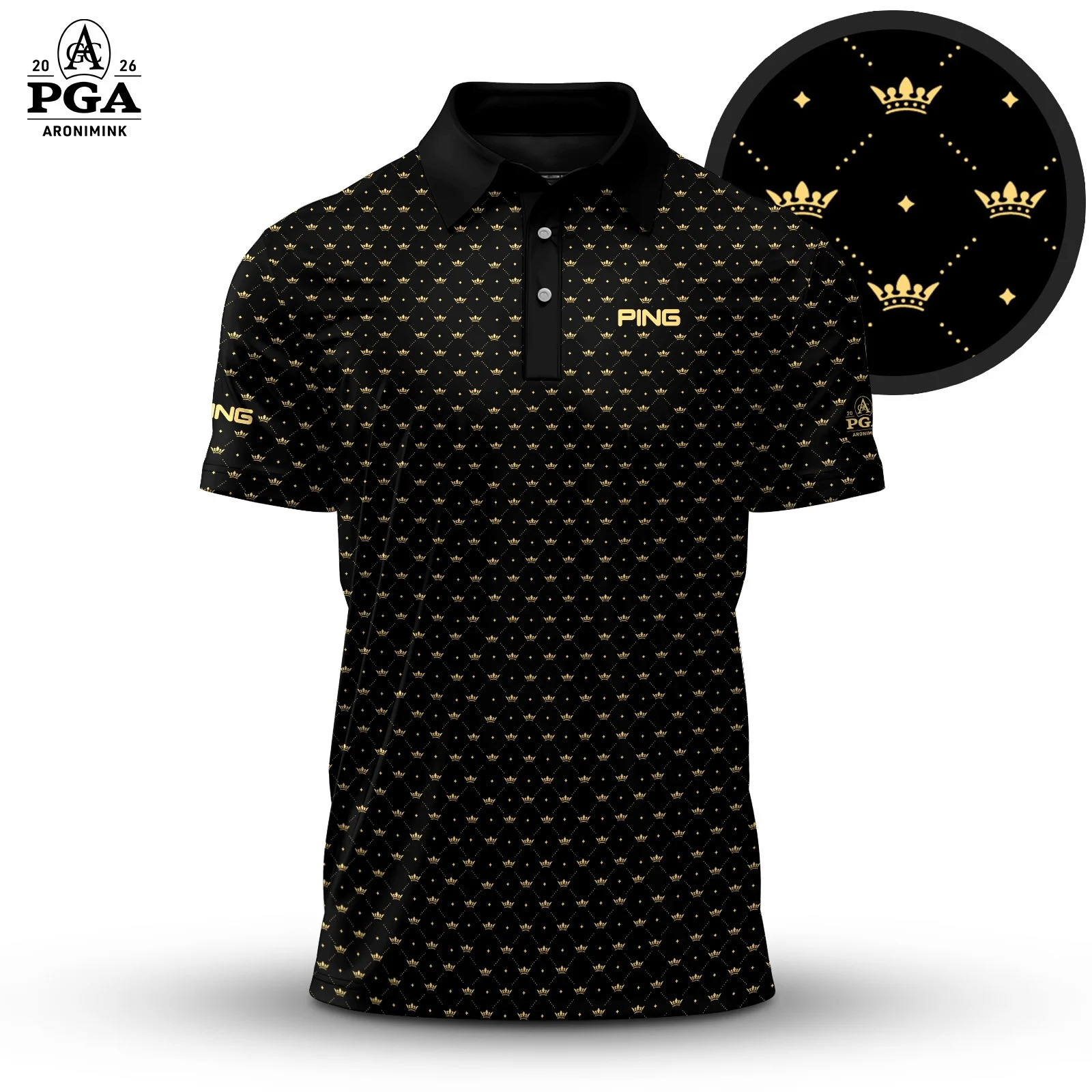 Golf 2026 PGA. Black King Crown Pattern AOP Polo Shirt LDLO31032612
