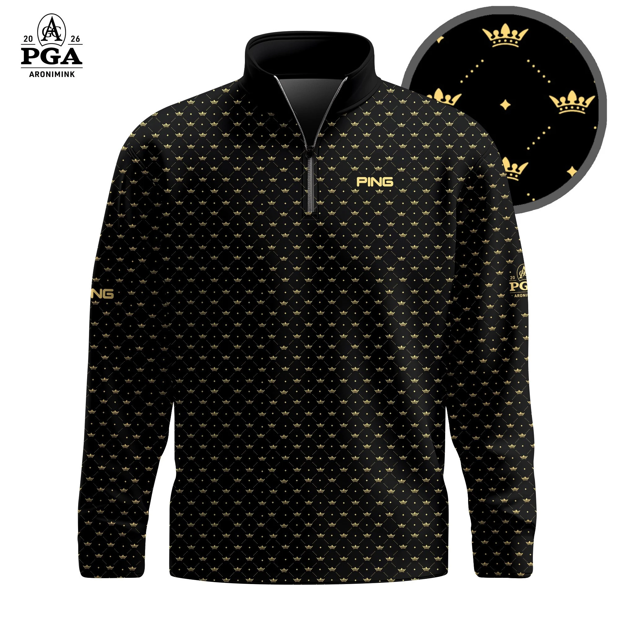 Golf 2026 PGA. Black King Crown Pattern AOP Quarter-zip Pullover LDLO31032616