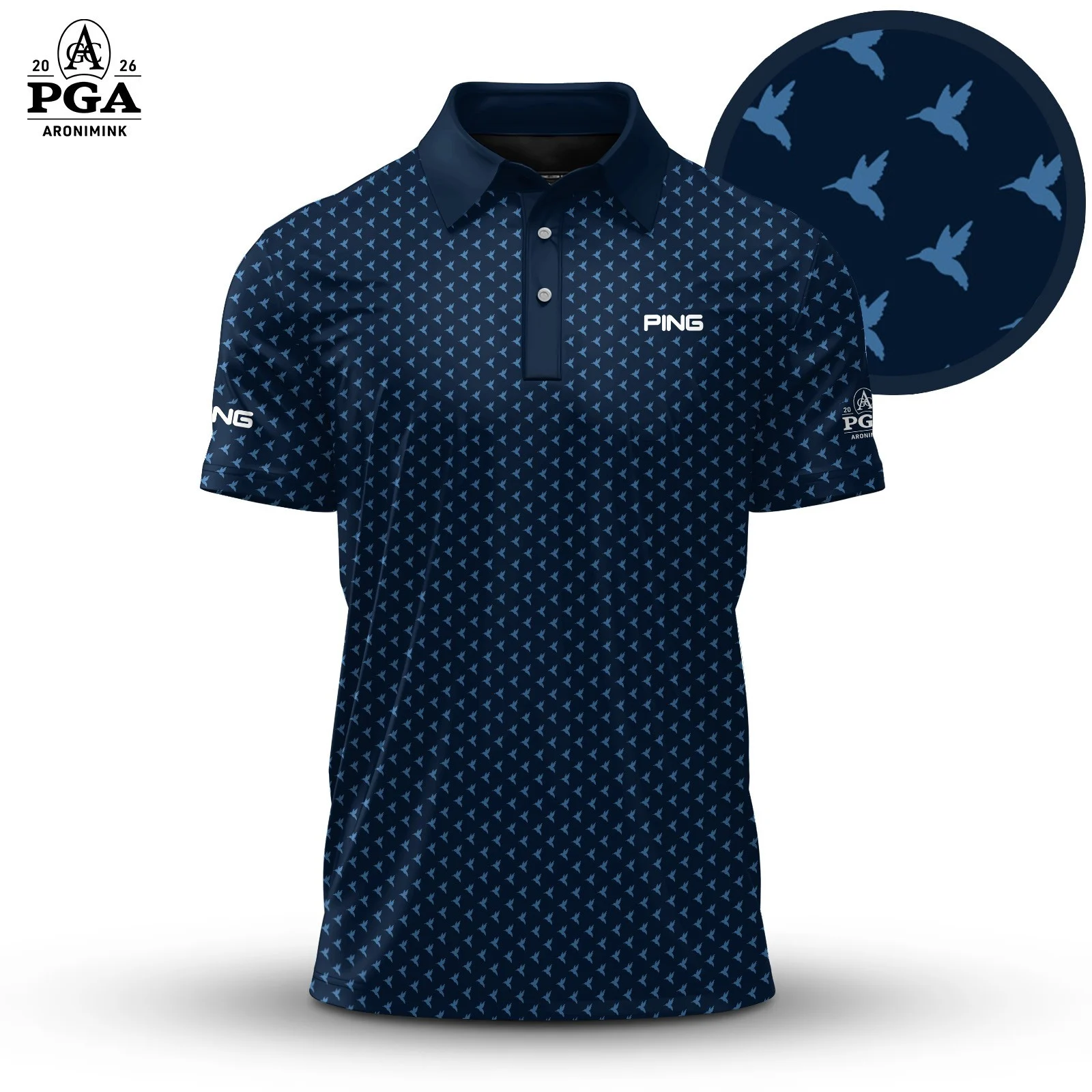 Golf 2026 PGA. Hummingbird Blue White Pattern AOP Polo Shirt LDLO31032620